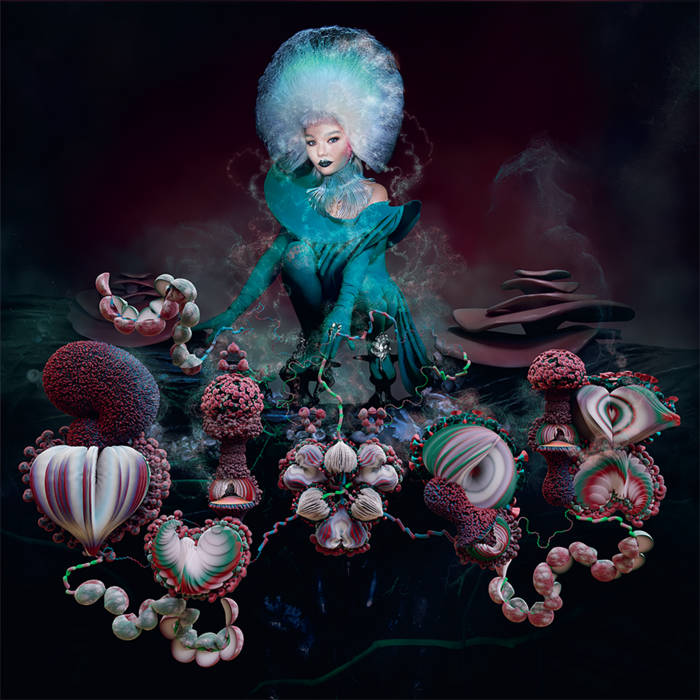 image is the album cover for Fossora and shows a person crouched over psychedelic-looking fungi with arms outstretched