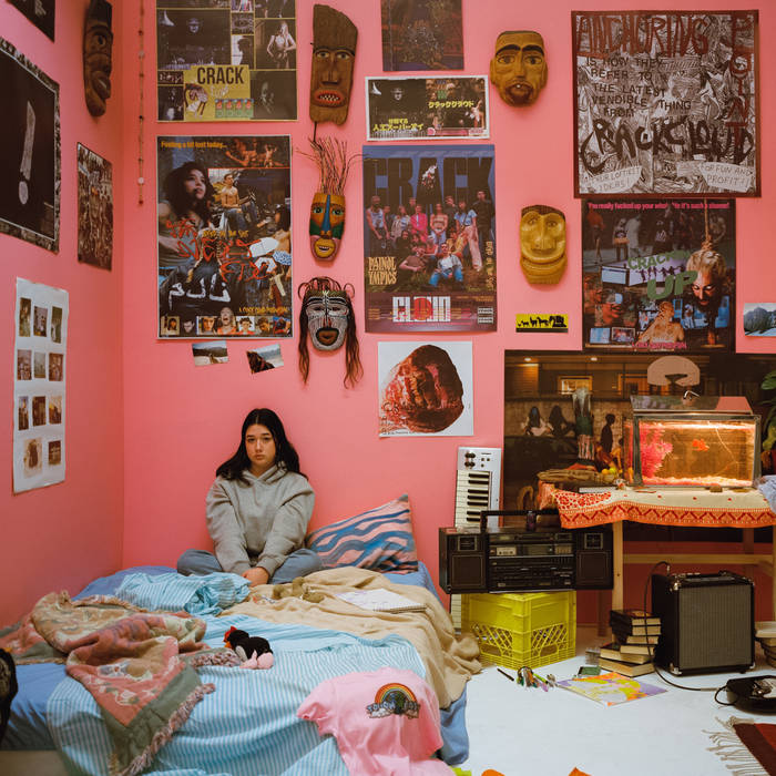 album cover is a photo of a young person with long dark hair sitting on their bed in the corner of a room and the walls decorated in various posters