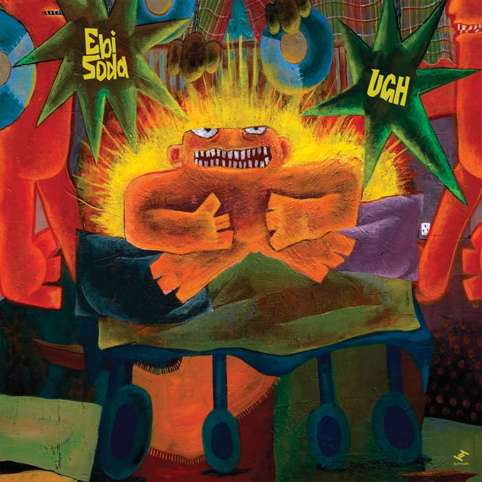 album cover is a pyschedelic painting of a humanlike figure sitting on a bed with wheels