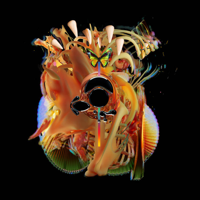 album cover is a computer generated 3D object that appears to be a vibrant, multi-coloured anatomical heart with a small butterfly in front of it