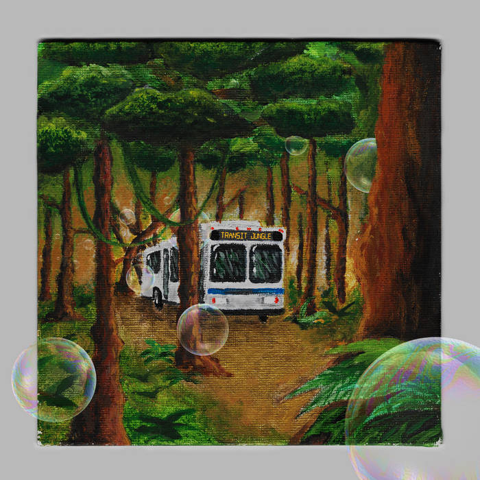 image is of a painting of a transit bus in a forest